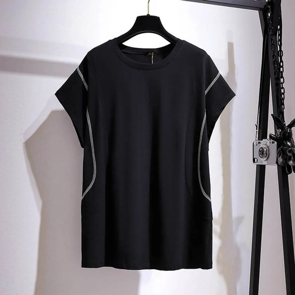 150Kg Plus Size Women\'s Summer Open Line Casual Short-Sleeved T-Shirt Bust 160cm 6XL 7XL 8XL 9XL 10XL Loose O-Neck Cotton Top