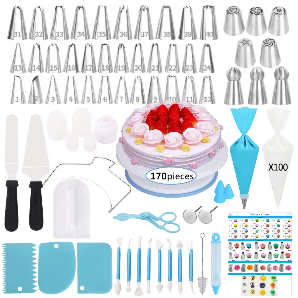 170pcs/pack Cake Decorating Tips Kit Cake Decorating Tools Set Russian Pastry Nozzles Cake Turntable Rotating Baking Accessories