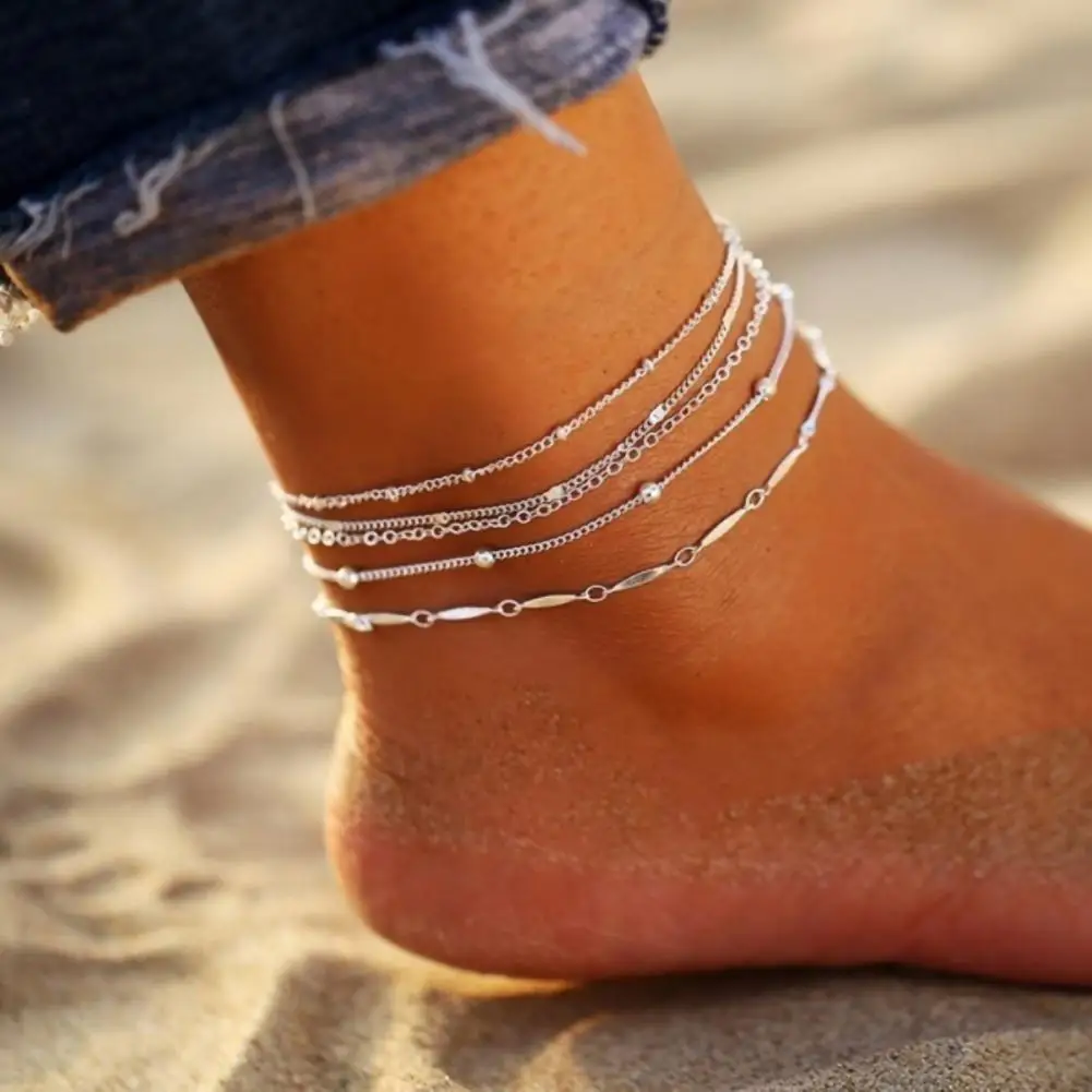 Hot Sale 5Pcs/Set Hot Sale Silver Color Style Fashion Anklet Bracelet on The Leg 2022New Fashion Summer Beads Beach Foot Jewelry