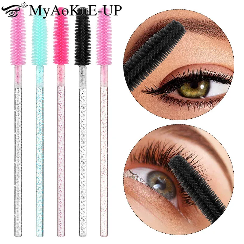 Baguettes de mascara 3D en cristal, Végétde cils transparents, brosses à cils en silicone, micro applicateurs, vente en gros, 50 pièces