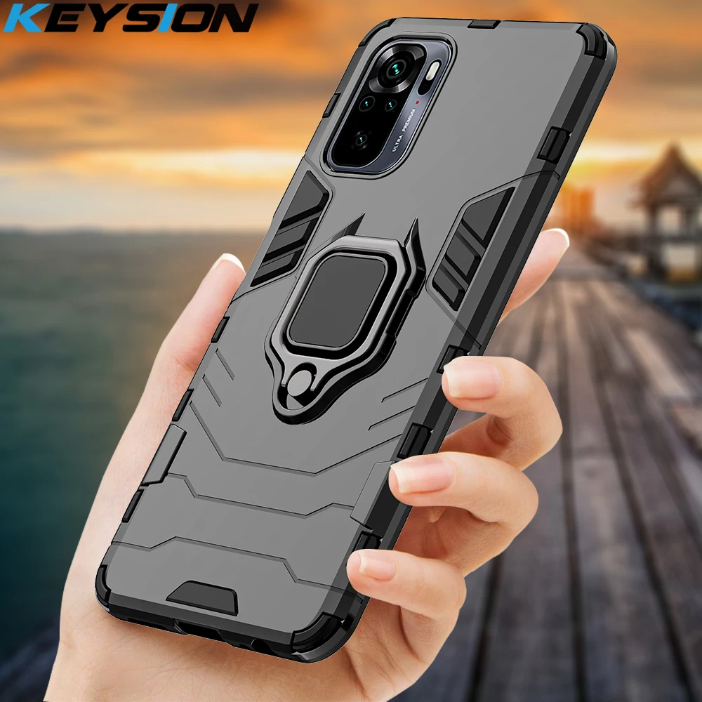 KEYSION Shockproof Case For Redmi 10 Note 10S Note 11 Pro 5G 9 9T 9A K40 Ring Stand Phone Cover for Xiaomi Mi 11 Lite 11T Pro