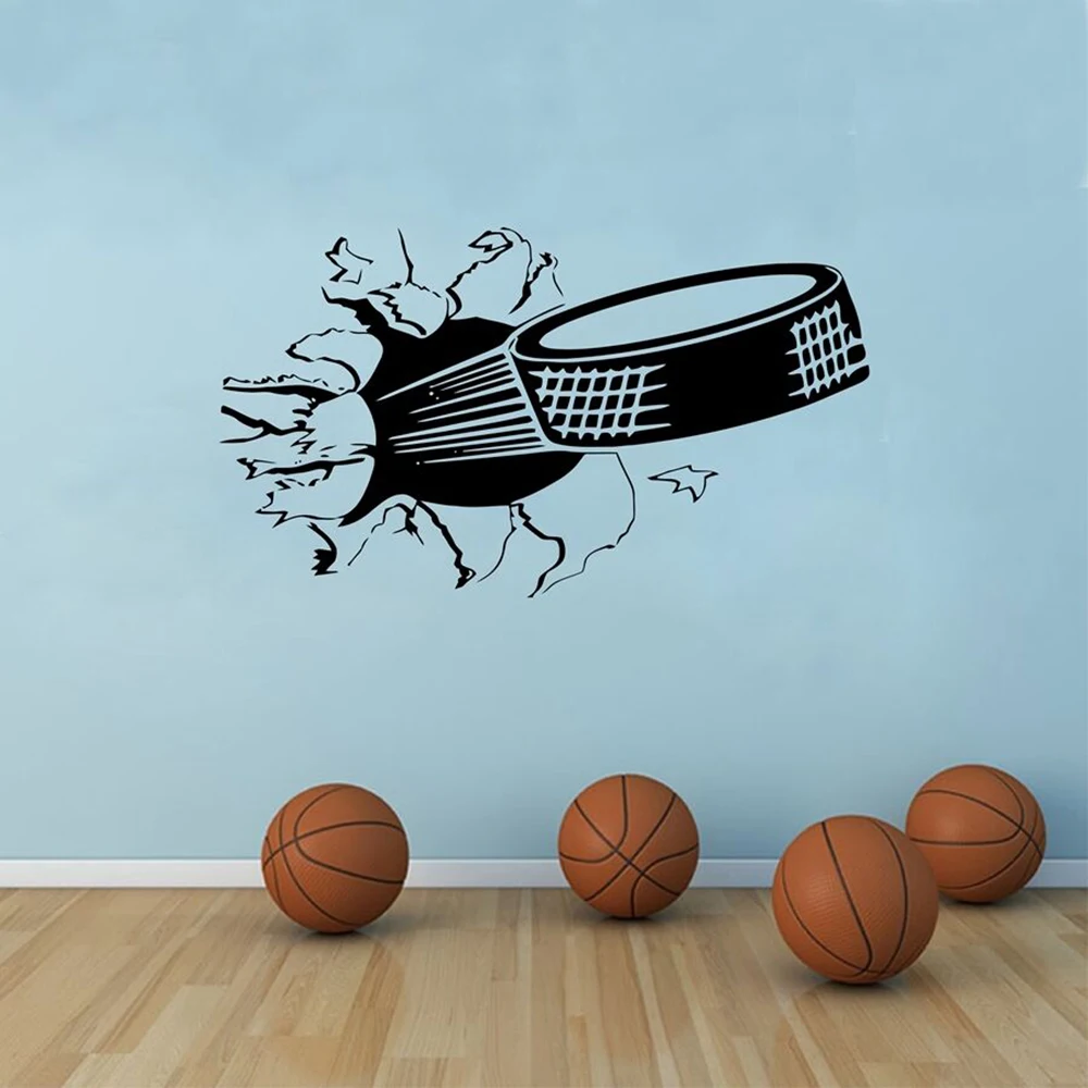 Sports Wall Stickers Ice Hockey Art Decal Living Room Decoration Kids Playing Roon Puck Ripping Bursting Through Wall Mural Y407
