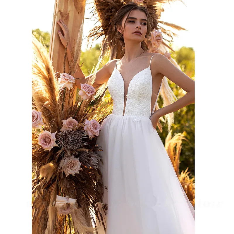 Vestido de casamento simples na praia, decote em v, cinta esparguete, vestido de noiva, marfim branco, elegante, 2024