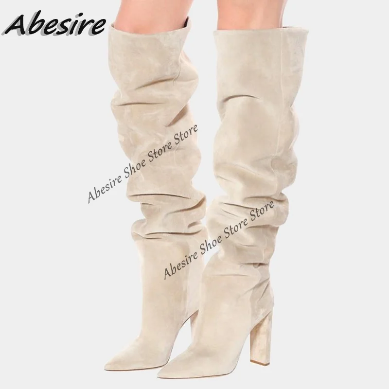 

Abesire Long Boots Pleated Suede Pointed Toe Women Boots Slip on Knee High Chunky High Heel New Autumn Winter Shoes Big Size