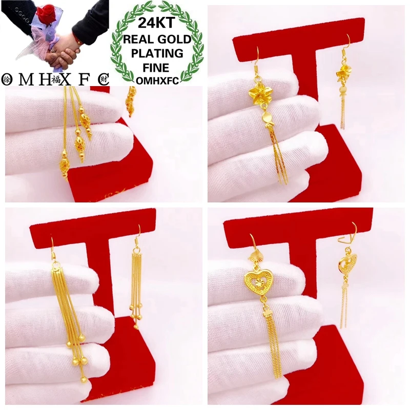 OMHXFC Wholesale YM312 European Fashion Fine Woman Girl Party Birthday Wedding Gift Flower Heart Tassel 24KT Gold Drop Earrings