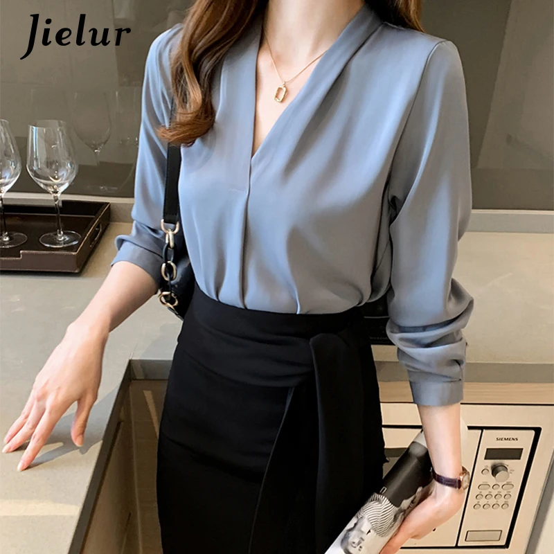 Jielur Solid Color White Shirts Women Office Lady White V-neck Skinny Long-sleeved Tops Autumn Khaki Loose Blouses Female S-XXL