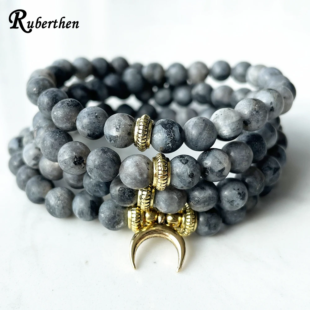 Ruberthen 6 mm Matte Gray Larvikite 108 Mala Bracelet Women`s Yoga Spiritual Wrap Energy Bracelet New Moon Charm Mala Jewelry