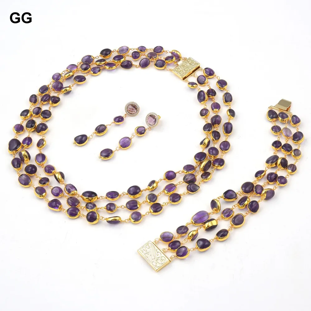 

GG 3 Rows Natural Purple Amethyst Freeform With Electroplated Gold Edge Necklace Earrings Bracelet Sets Handmade For Women