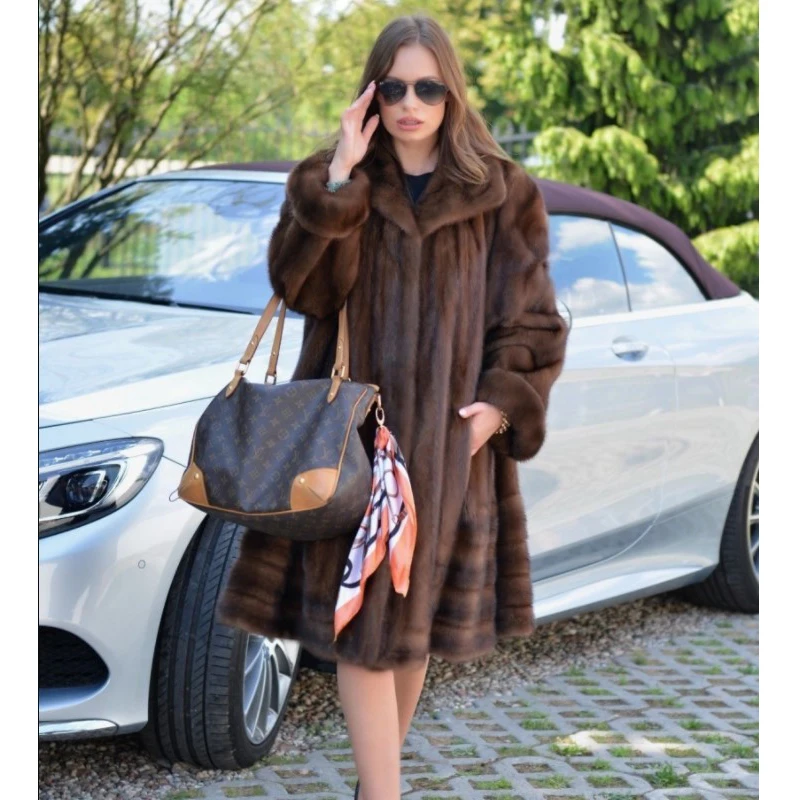 BFFUR Real Mink Fur Coats สําหรับผู้หญิงใหม่แฟชั่นยาว Real Mink Fur Coat Turn-down Collar หรูหราขนสัตว์เสื้อกันหนาวผู้หญิง