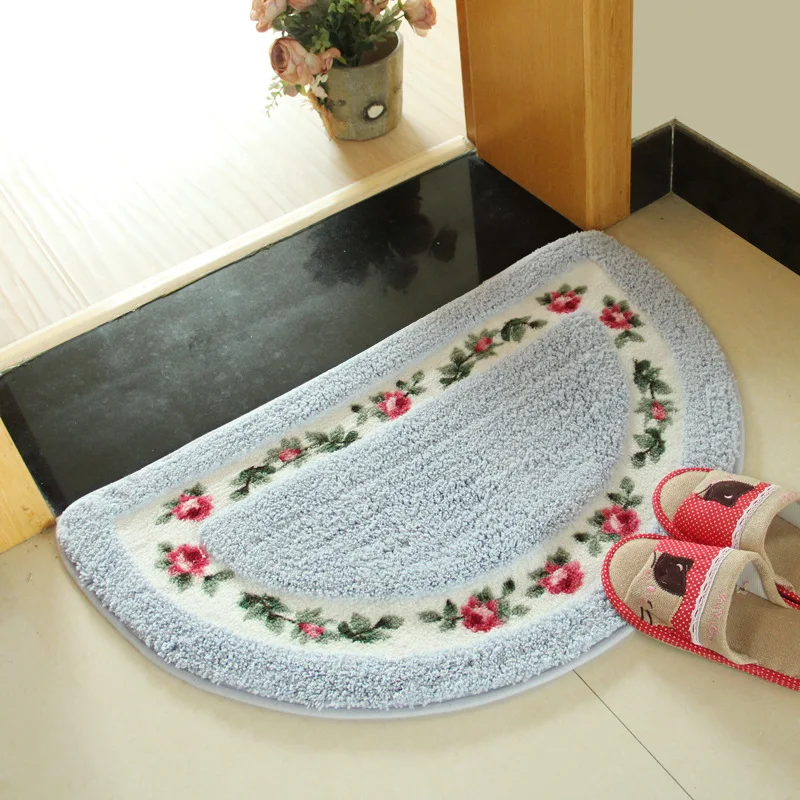 Semicircular Floral Floor Mat for Home Decor Non-Slip Bottom Bathroom Toilet Doormat Washable Suede Area Rug for Bedroom Kitchen