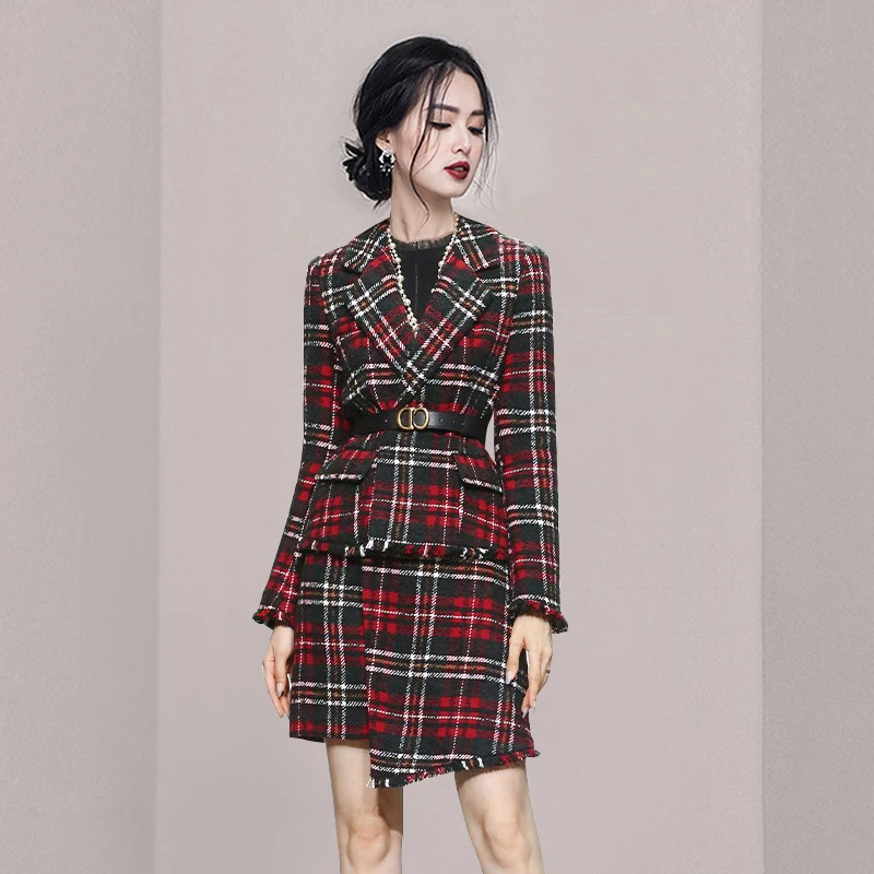 Luxury Design Tweed Women gonna Suit donna Plaid Red risvolto cintura Blazer giacca + nappa gonne irregolari Lady 2 pezzi Set