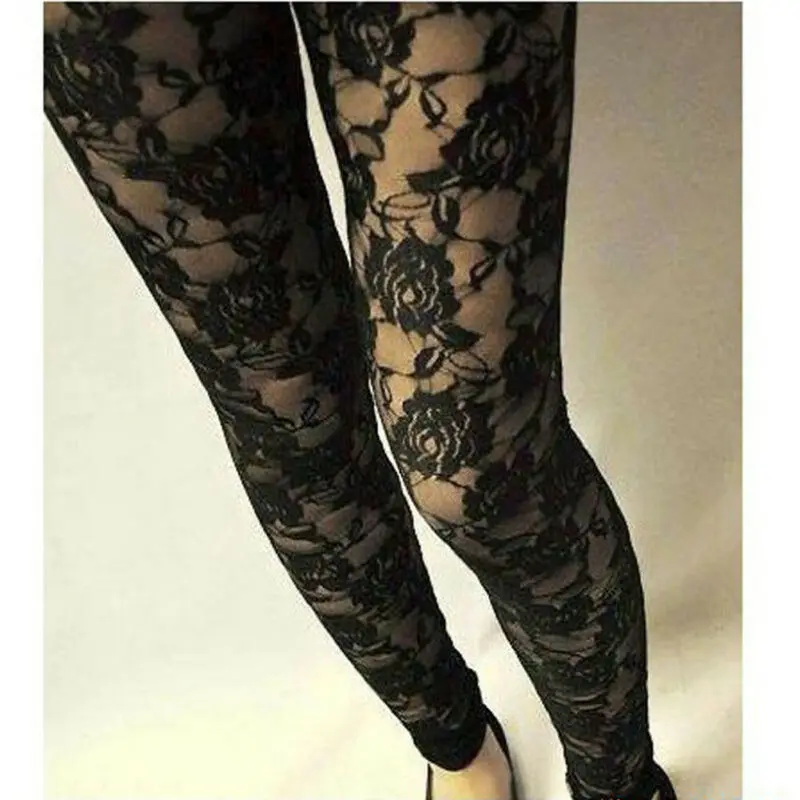 Mallas ajustadas con estampado Vintage de encaje negro para mujer, Leggings sexys de longitud completa, pantalones elásticos de cintura alta