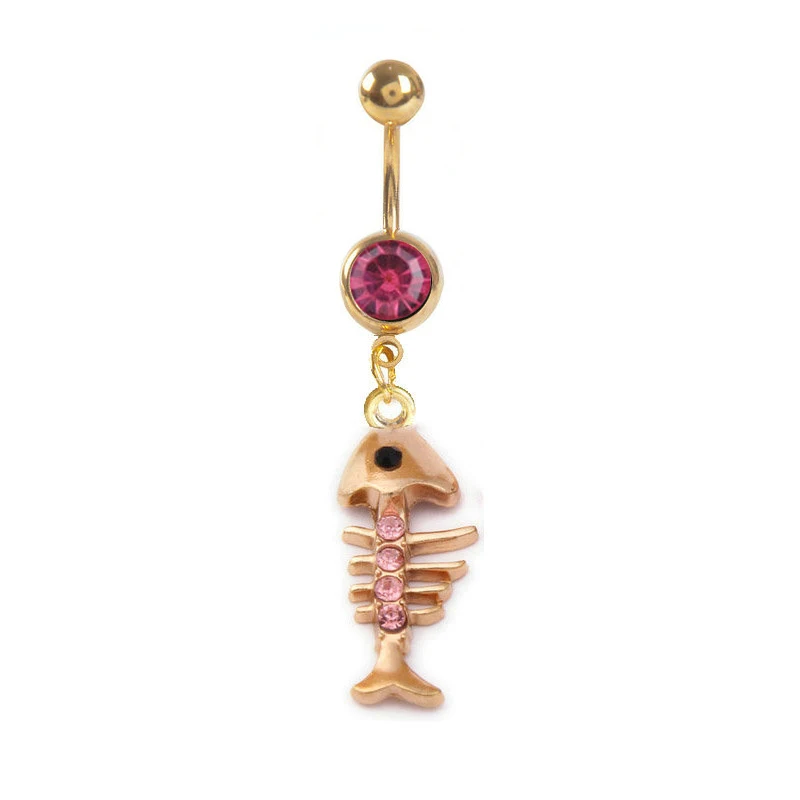 1pc Crystal Fishbone Shaped Belly Ring Stainless Steel Navel Bar Body Piercing Jewelry on Sale