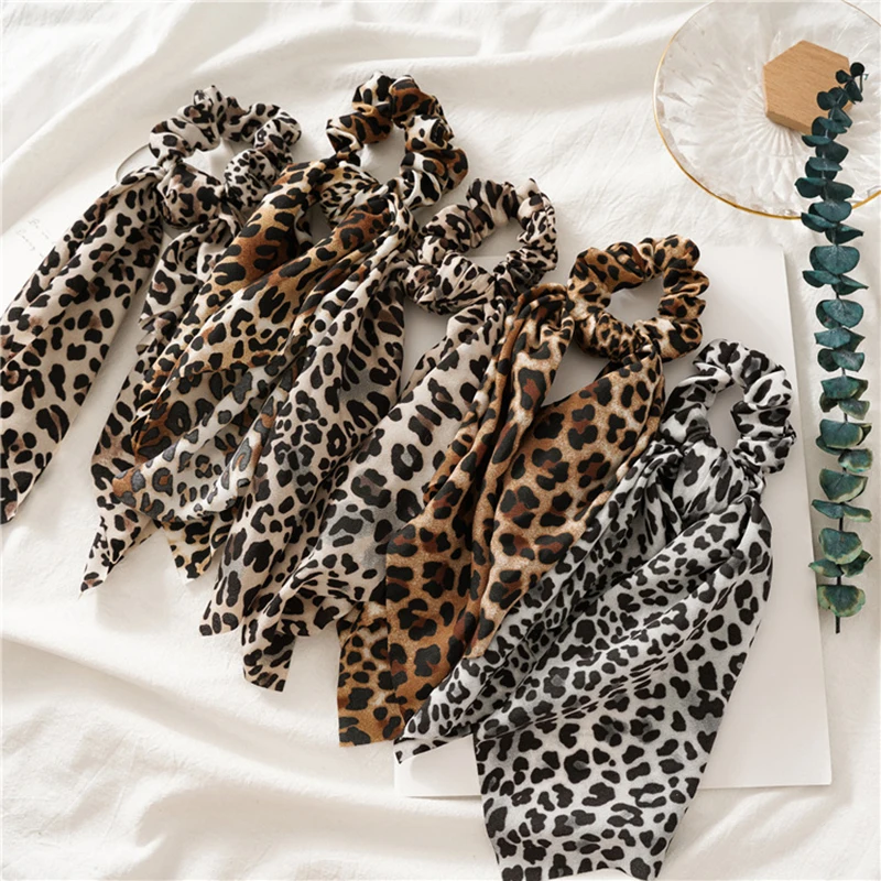 Ribbon Scrunchie Leopard Headband Animal Print Snake Scrunchy Elastic Hair Bands Hair Tie Women Ponytail Holder Hair Accessories