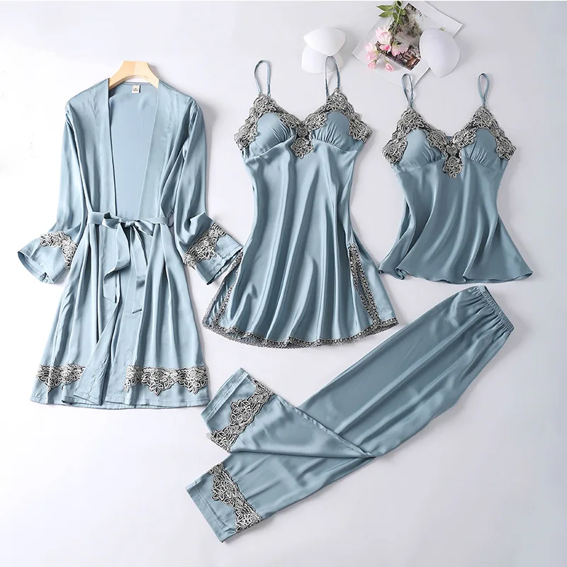 Oversize Lady 4PCS Robe Set Kimono Gown Satin Nightdress Sleepwear Lace Patchwork Nightgown Homewear Sexy Intimate Lingerie