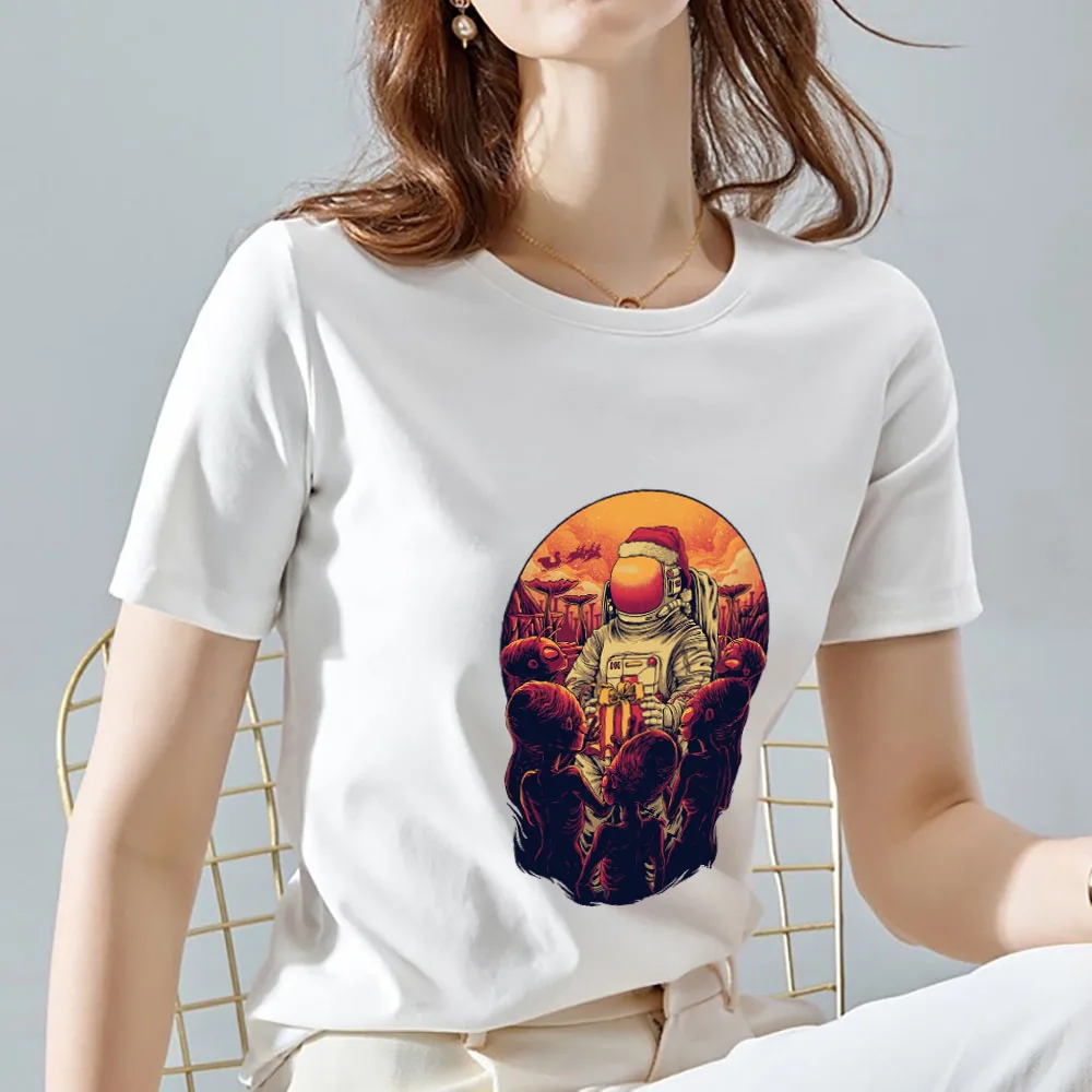 

Women's Fashion T-shirt Summer Casual Commuter White Top Cartoon Alien Astronaut Print Round Neck Comfortable Ladies Camisetas