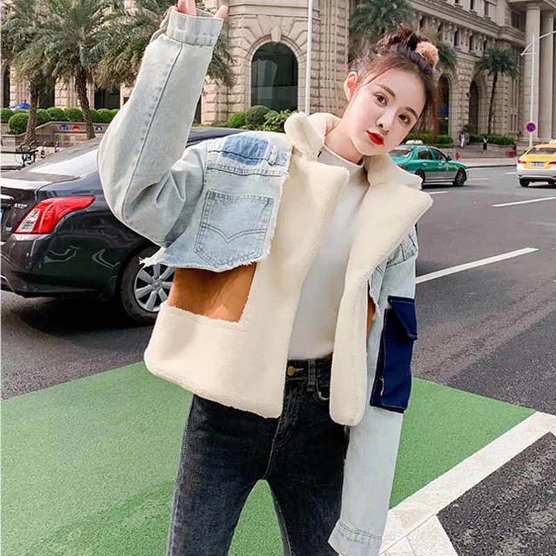 2021 Winter Fashion  Patchwork Irregular Hit Color Coats Women Lapel Collar Long Sleeve Vintage Autumn Denim Jackets Female