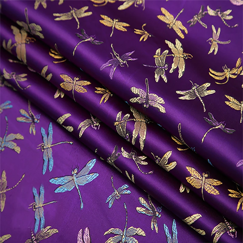 Purple Dragonfly Style Damask Silk Satin Brocade, Jacquard Fabric, Costume Upholstery, Furniture, Curtain, Sewing material