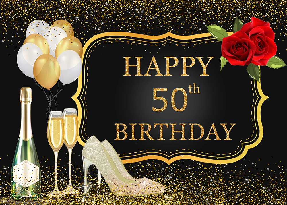 Fondo fotográfico de fiesta para mujer, telón de fondo de 50 cumpleaños, globo dorado, rosa, zapatos de tacón alto, champán, purpurina de lujo