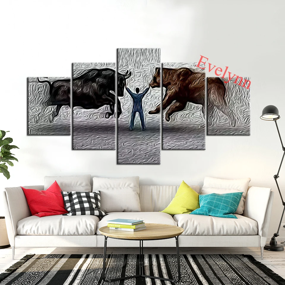 

5 Piece Poster Control The Market Hd Prints Bull VS Bear Art Canvas Modern Wall Modular Pictures Living Room Office Home Decor