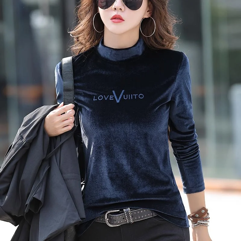 #0320 Winter Long Sleeve T Shirt Women Pleuche Half High Collar Women\'s T-shirt Embroidery Letters Warm Casual Tee Shirt Femme