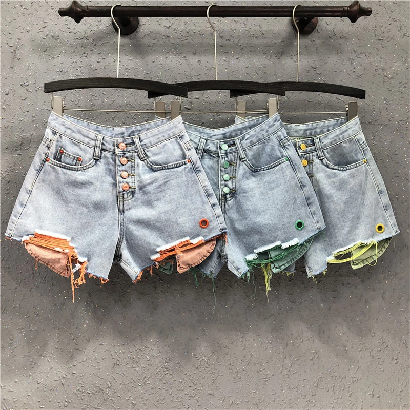 

2022 Spring Summer Denim Shorts Women Fashion Loose Splicing Button Hole Shorts Casual High Waited Wide Leg Jeans K331