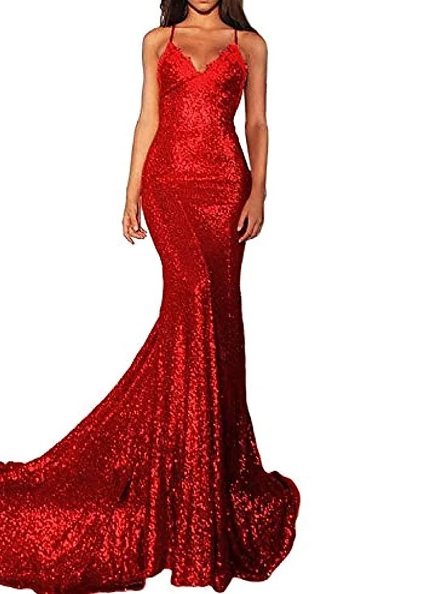 Sexy Shinny Mermaid Sequin Prom Dresses V Neck Lace Appliques Sleeveless Long Evening Formal Gown 2023 Robe De Soriee