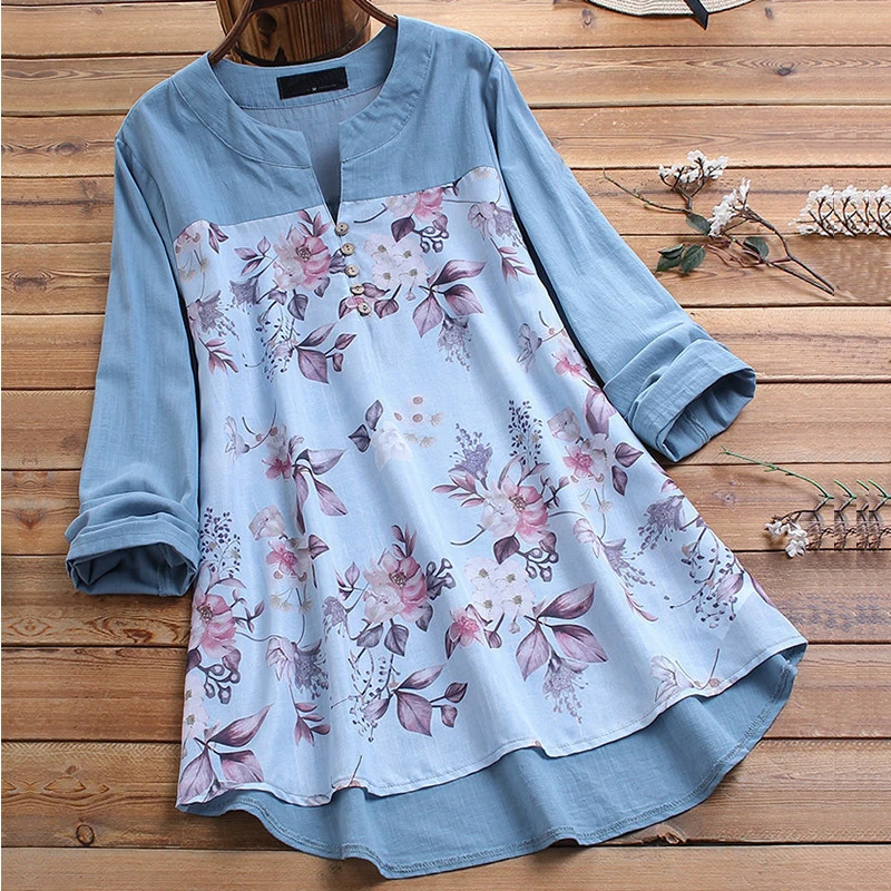 2022 New Women Vintage V Neck Top Autumn Floral Printed Blouse Long Sleeve Shirt Casual Tunic Patchwork Blusa Large Size M-5XL