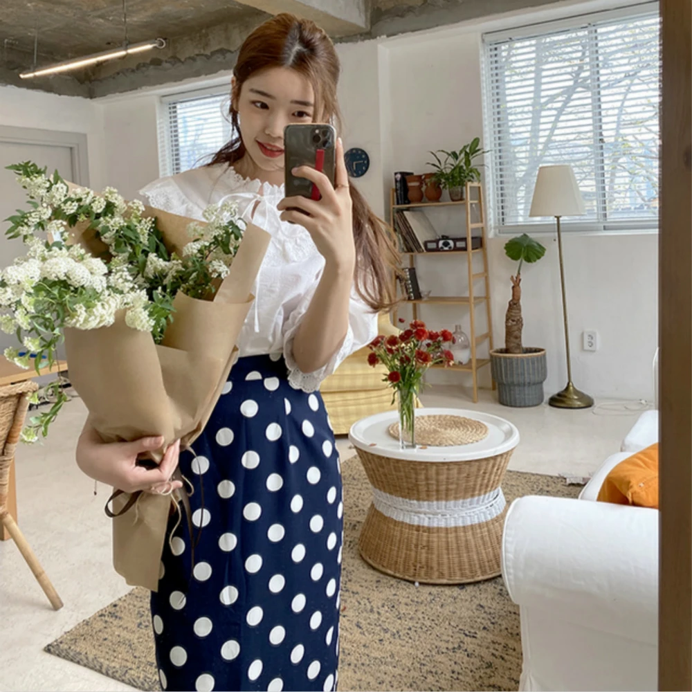 

Women Summer Blue Polka Dot High Waist Long Wrap Pencil Skirt Split Hem Midi Skirt
