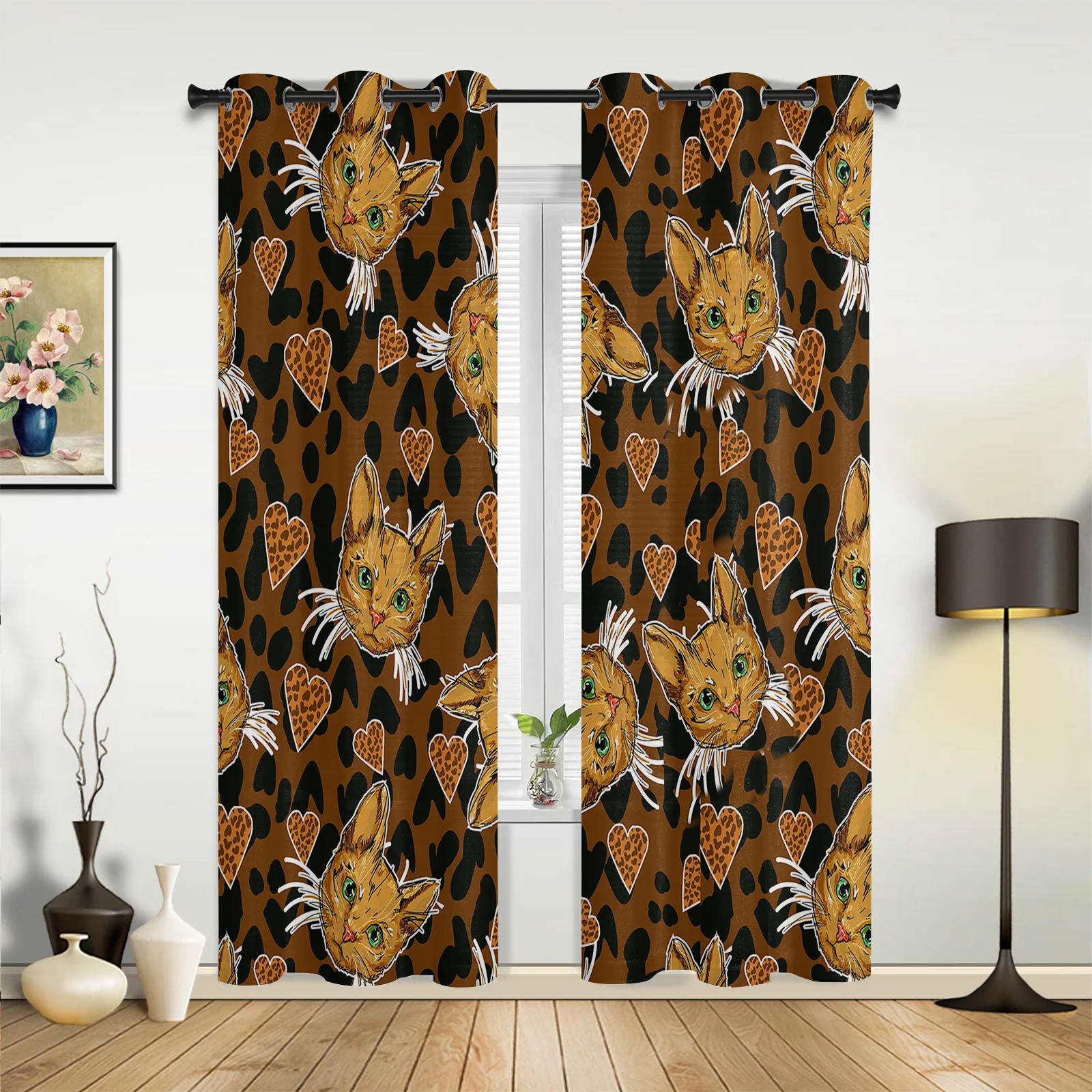 Cat Leopard Love Semi-blackout Curtains For Living Room Curtains For Bedroom Curtains Curtain Fabrics Finished Hanging Curtains