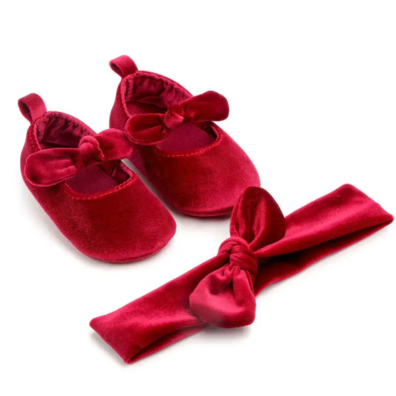 Princesa bonito bebê recém-nascido infantil meninas sapatos de veludo vermelho natal sapatos de bebê arco primeiros caminhantes 0-18m