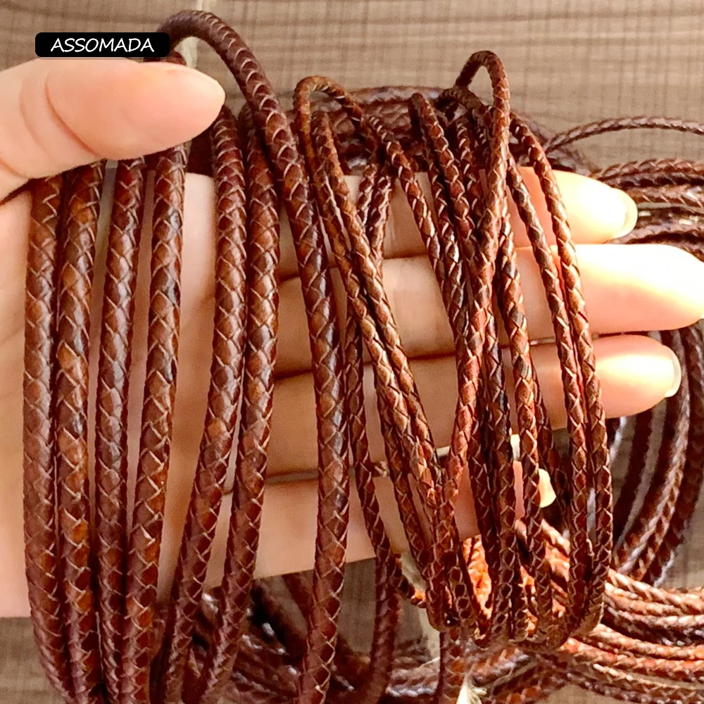 ASSOMADA Round Leather Cord For Jewelry Making Braided Rope Necklace Brown Handcraft Woven Genuine Cow Leather Cords DIY Jewelry