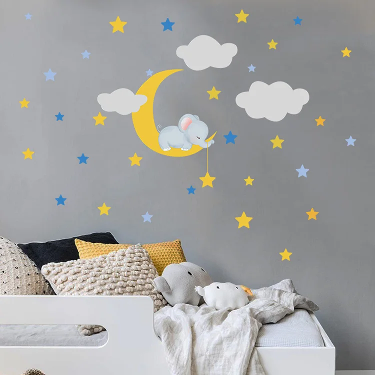 Cartoon Baby Elefant Mond Stern Wandaufkleber für Kinderzimmer Schlafzimmer Hintergrund Dekoration Wohnzimmer Dekoration Schöner Aufkleber – Detail 2