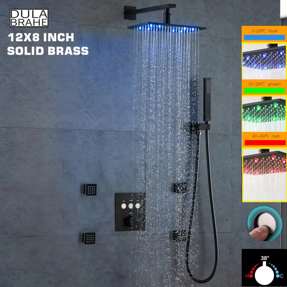 

8 X12 Inch Bath System LED Rainfall Head Wall Mounted Conceal Button Thermostat Mixer Brass Chrome Brush Black Shower Faucet Set