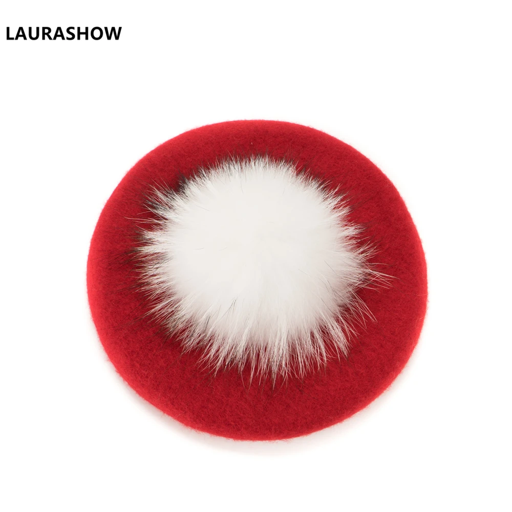 Laurashow Baby Beret Warm Wool Winter Beanie Hat With Real Fur Ball Pom Poms Girl Vintage Plain Kids Beret Hats Parent-child Cap