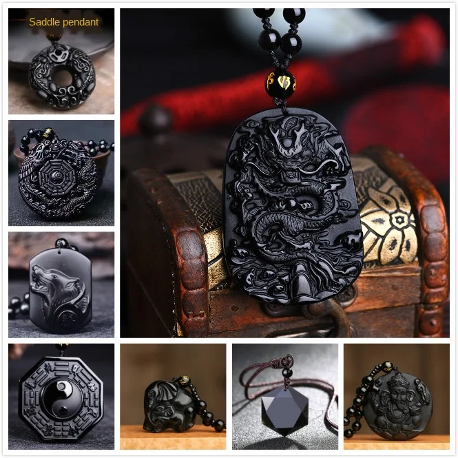 Popular Obsidian Wolf Head Dragon Figure Teng Feng Bagua Pendant Ruyi Elephant Guanyin Buddha Ornament Necklace Bulk Stone Party