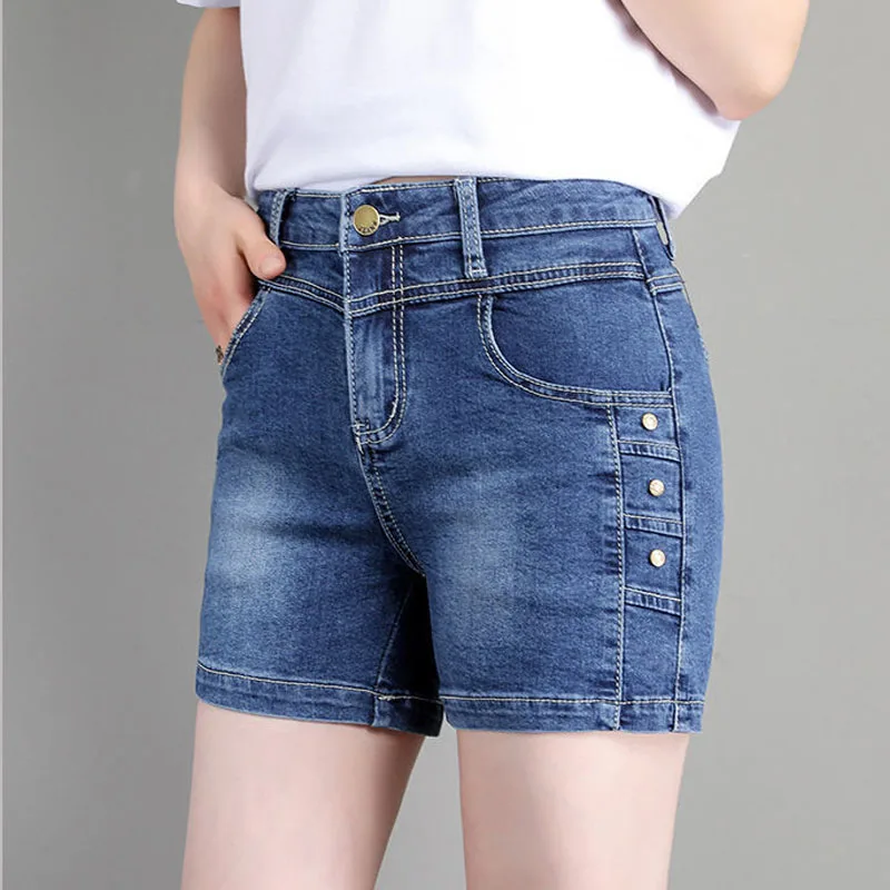 

Women Sexy Super Shorts Summer Fashion Denim Cotton Rivets Splicing Elastic Ladies Skinny Shorts Jeans