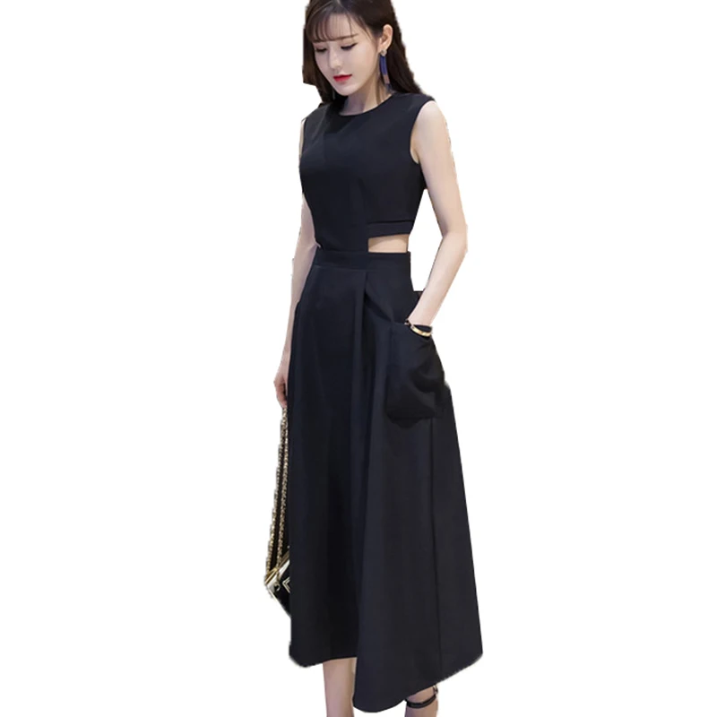 Wome Summer Dress 2023 New Fashion Slim Was thin Collect waist Round neck Sleeveless Dress Hollow Sexy Black Dress Female OK064