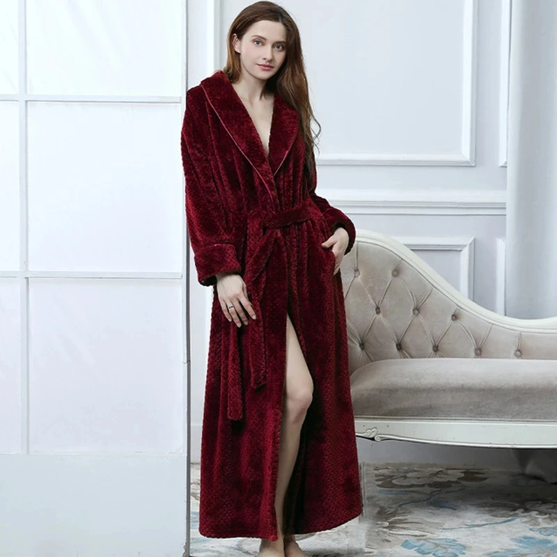 Winter Long Bathrobe Women Fluffy Warm Lover Bath Robe with Sashes Soft Kimono Dressing Gown Solid Comfortable Sleepwear Female