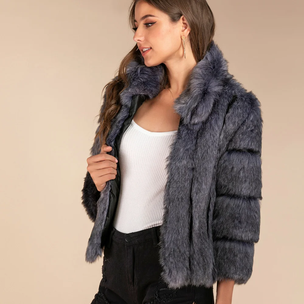 Imitation Fox Fur Coat for Women, Long Sleeve, Stand Neck, Slim Clothing, Plus Size, Short, Winter, New