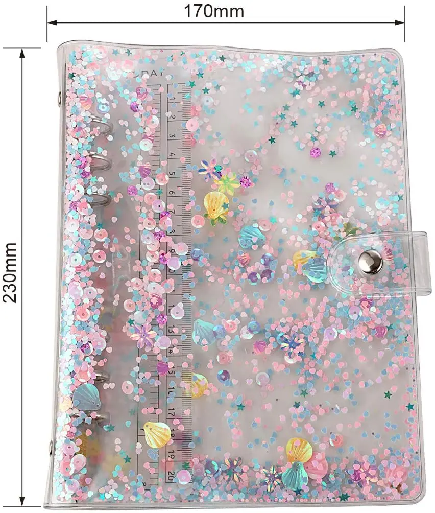 A5 6-Ring Loose Leaf Binder Cover PVC Glitter Planner Notebook Refillable Shell with Snap Button Closure For Round-Ring Pages