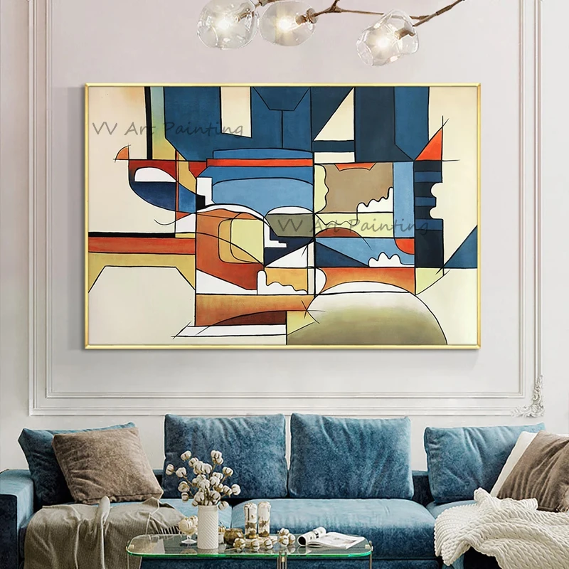 100% Handmade Original Oil Painting, Multicolor Geometric Cubist Abstract Canvas Art, Contemporary Gallery Wall Decor