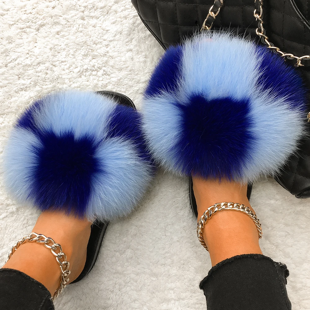 Fluffy Flip Flops Real Fox Fur Slippers Ladies Furry Fur Slides Plush Beach Slippers Flat Heel Summer Sandals Women House Shoes