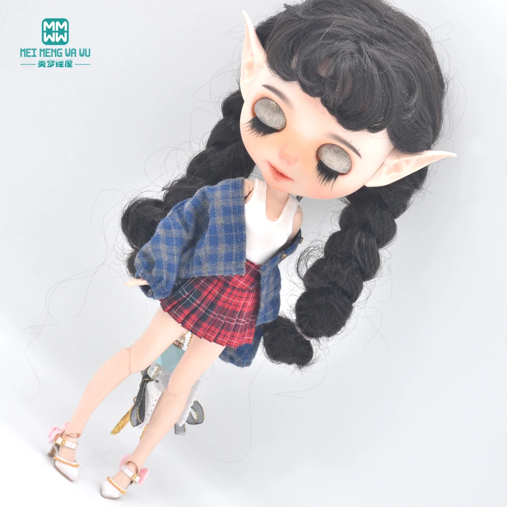 Clothes for doll fits Blyth Azone OB22 OB24 Doll Fashion Woolen Jacket Plaid Top Blue, green, black, gray