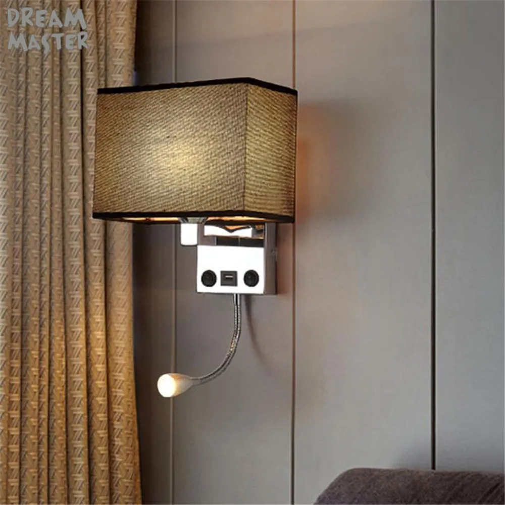 Rectangle Fabric Shade Wall Light w/o USB Charging Port,2 Switches E27 LED Wall Lighting with Adjustable Reading Lamp