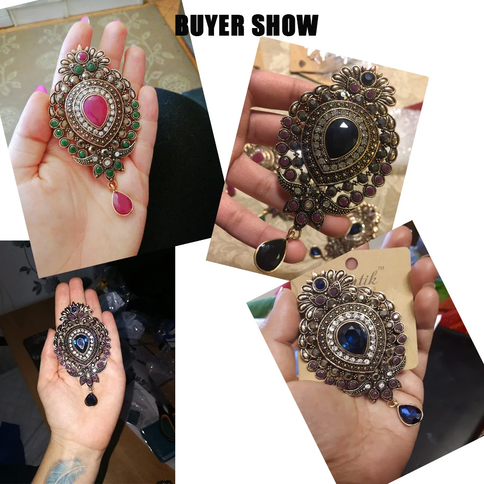 Sunspicems Vintage Turkish Crown Brooch Pins for Women Antique Gold Color Water Drop Resin Jewelry Ethnic Wedding Bridal Gift