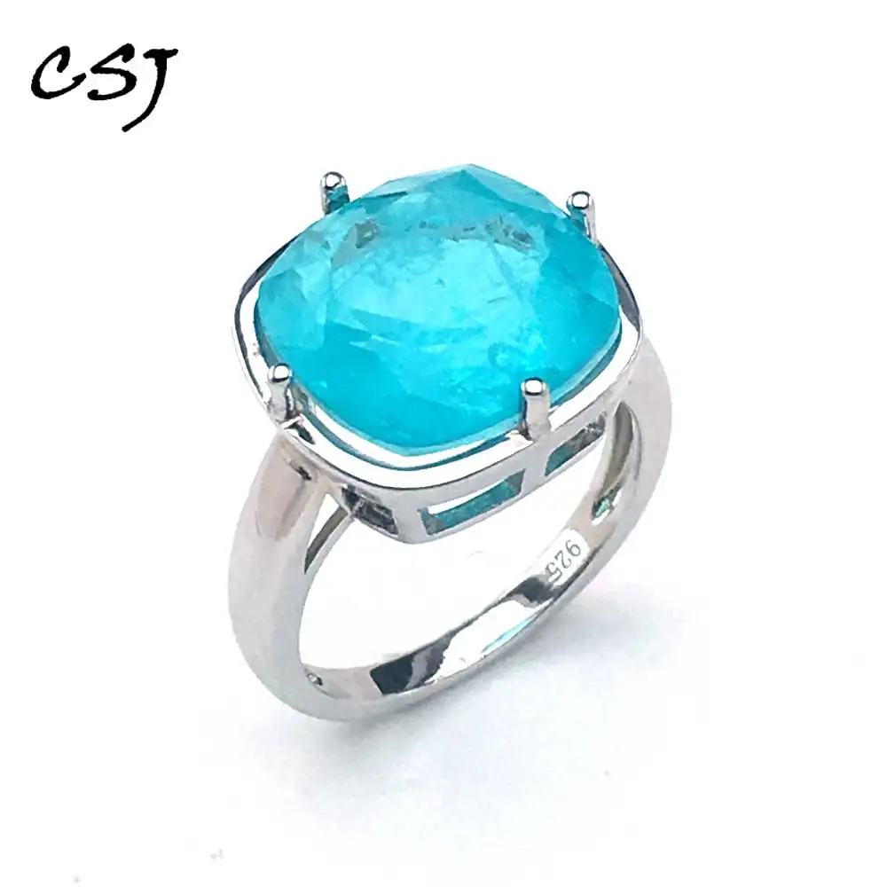 CSJ Created Paraiba Tourmaline Rings Sterling 925 Silver Gemstone Cushion 12mm  Women Lady Wedding Engagment Party Gift Box