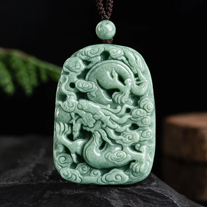 

Natural Jade Emerald Bean Green Zodiac Dragon Pendant Charm Jewellery Hand-Carved Sweater Chain Women Men Fashion Accessories