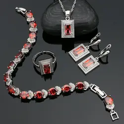 925 Sterling Silver Jewelry Set Square Garnet Earrings Adjustable Ring Pendant Bracelet Chain for Girls Prom Accessories