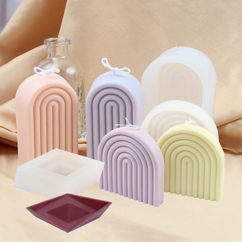 

Geometric Boho Arch Shaped Fluted Swirl Irregular Aromatherapy Candle Silicone Mold Twist Ripple Fancy Rainbow Resin Mould